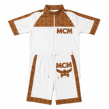 MCM-Style White Brown Leather T-Shirt and Shorts Set image 1