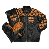 MCM-Inspired Black Brown Leather Jacket and Pants Set with Hat image 0