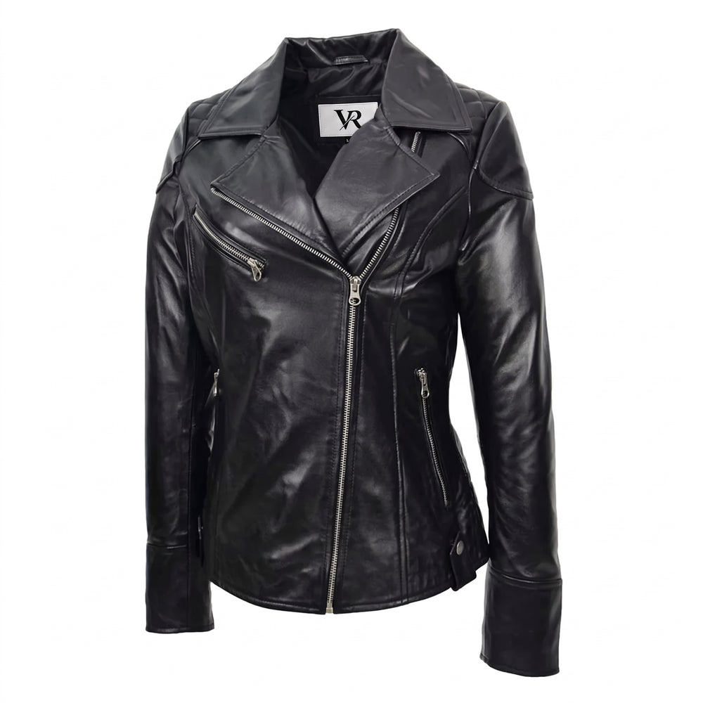 Women’s Black Nappa Leather Biker Jacket – Cross Zip Quilted Moto Jacket image 0