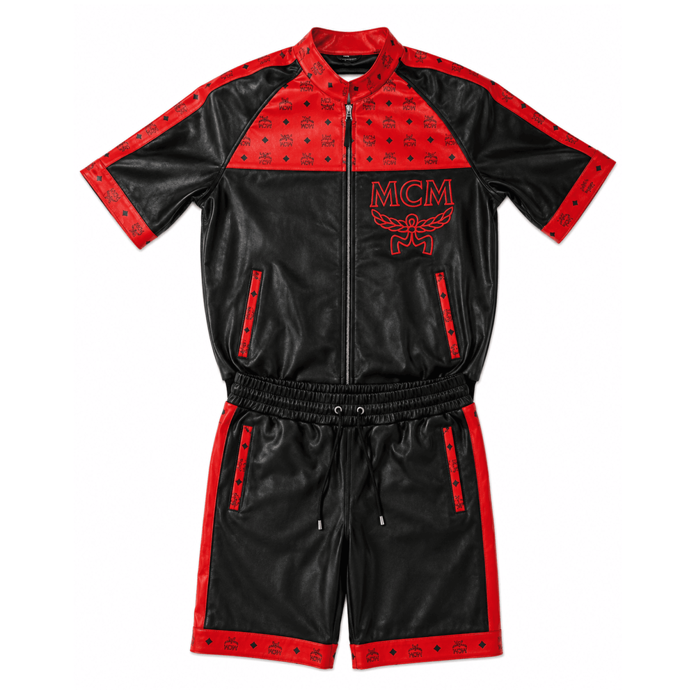 MCM-Inspired Black Red Leather Jacket and Shorts Set image 0