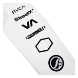 White strap with black logos and text on a white background