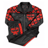 MCM-Inspired Black Red Leather Jacket and Pants Set with Hat image 2