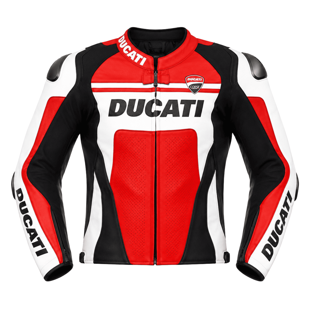 Ducati-Inspired Red White Leather Motorcycle Jacket – CE Armor image 0
