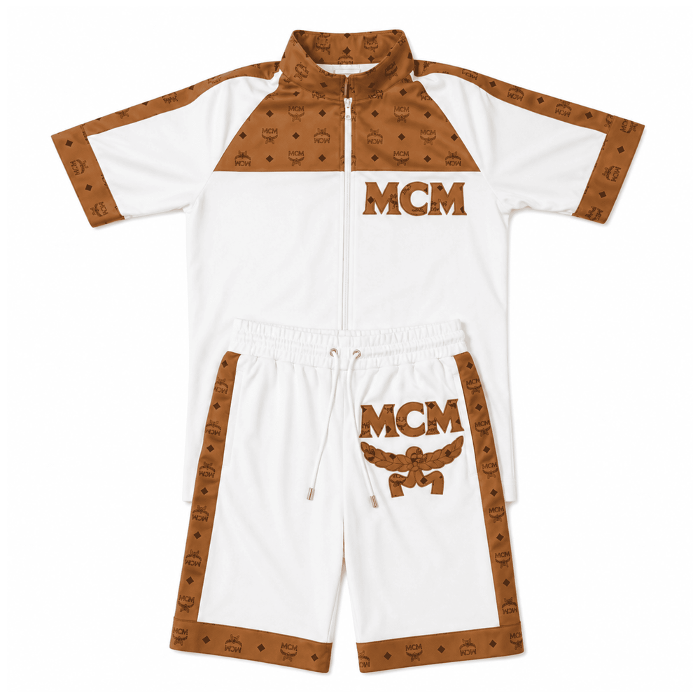 MCM-Style White Brown Leather T-Shirt and Shorts Set image 1