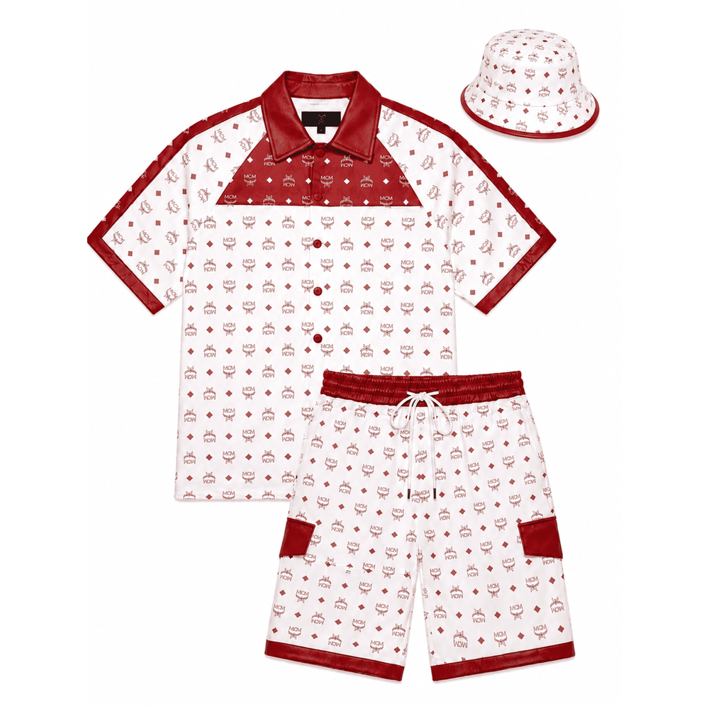 MCM Men’s Red White Monogram Leather T-Shirt and Shorts Set with Hat image 0