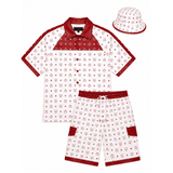 MCM Men’s Red White Monogram Leather T-Shirt and Shorts Set with Hat image 0