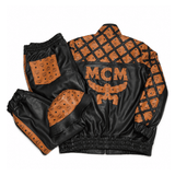 MCM-Inspired Black Brown Leather Jacket and Pants Set with Hat image 1
