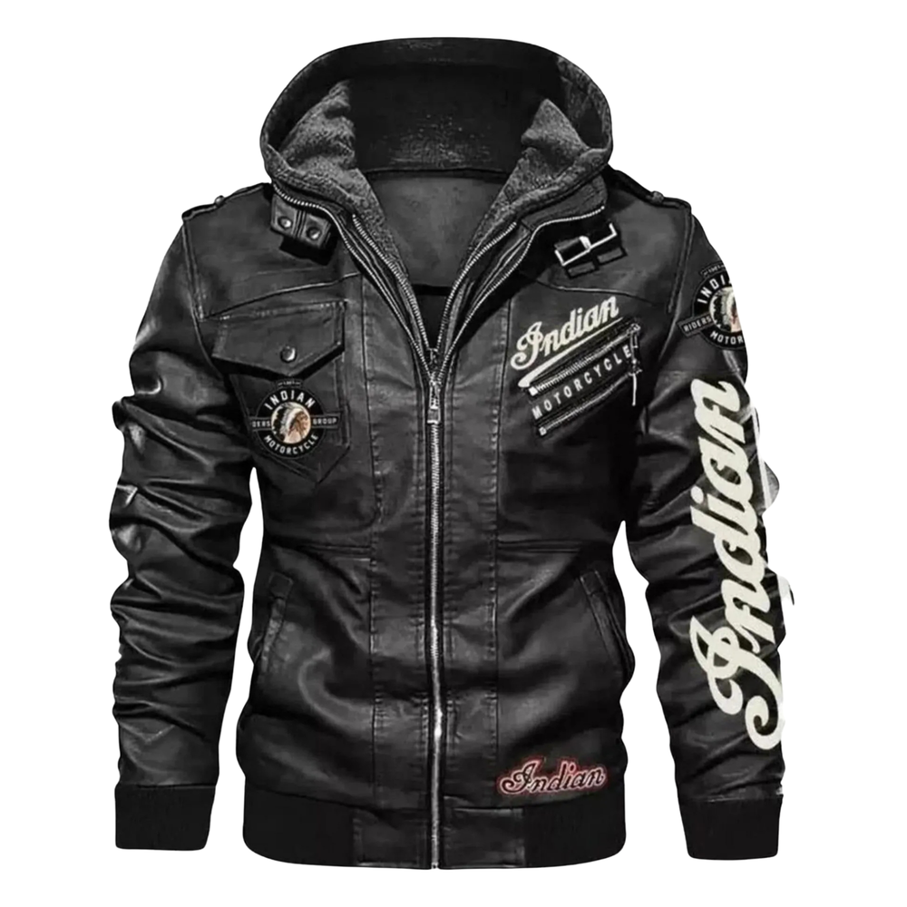 Indian Motorcycle Black Hooded Leather Biker Jacket image 1