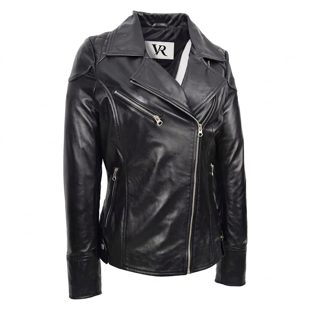 Women’s Black Nappa Leather Biker Jacket – Cross Zip Quilted Moto Jacket image 4