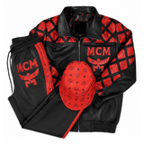 MCM-Inspired Black Red Leather Jacket and Pants Set with Hat image 0