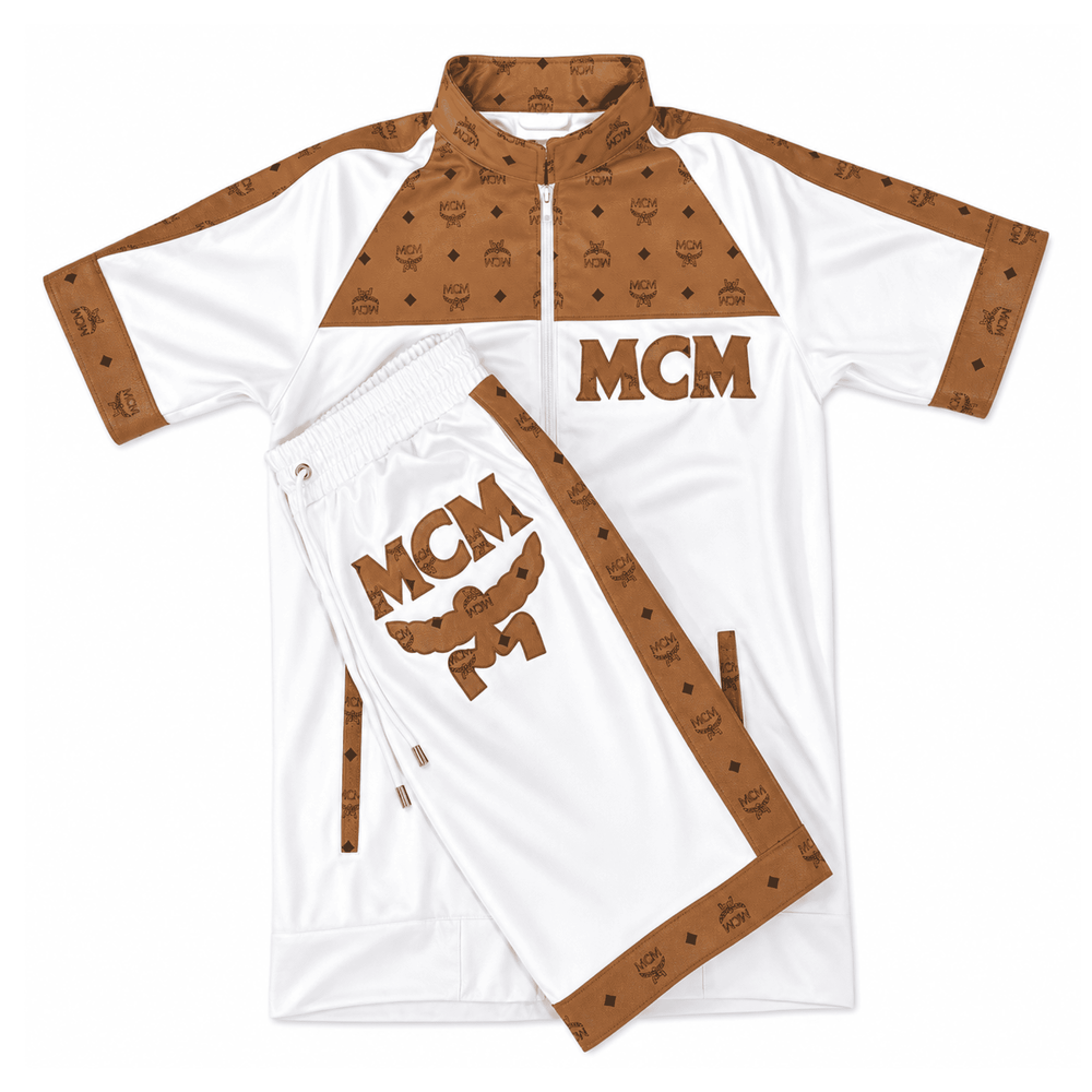 MCM-Style White Brown Leather T-Shirt and Shorts Set image 0