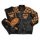 MCM-Inspired Black Brown Leather Jacket and Pants Set with Hat image 0