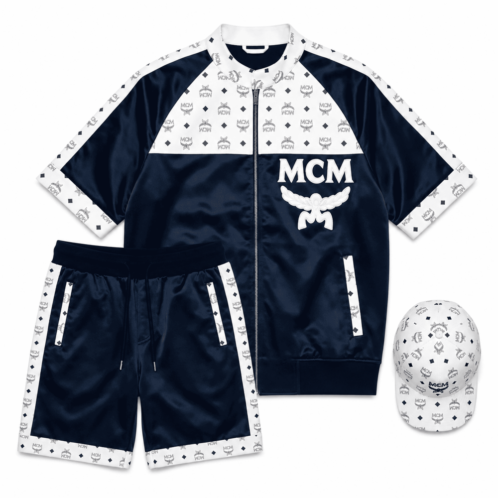 MCM-Style Blue White Leather T-Shirt and Shorts Set with Hat image 0