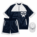 MCM-Style Blue White Leather T-Shirt and Shorts Set with Hat image 0