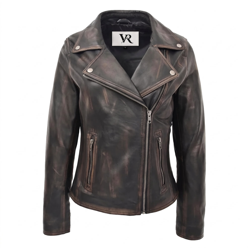 Women’s Vintage Black Nappa Leather Biker Jacket – Cross Zip Moto Jacket image 0