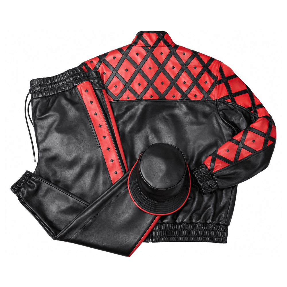 MCM-Inspired Black Red Leather Jacket and Pants Set with Hat image 1