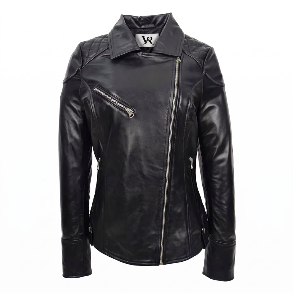 Women’s Black Nappa Leather Biker Jacket – Cross Zip Quilted Moto Jacket image 3