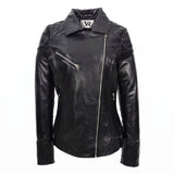 Women’s Black Nappa Leather Biker Jacket – Cross Zip Quilted Moto Jacket image 3