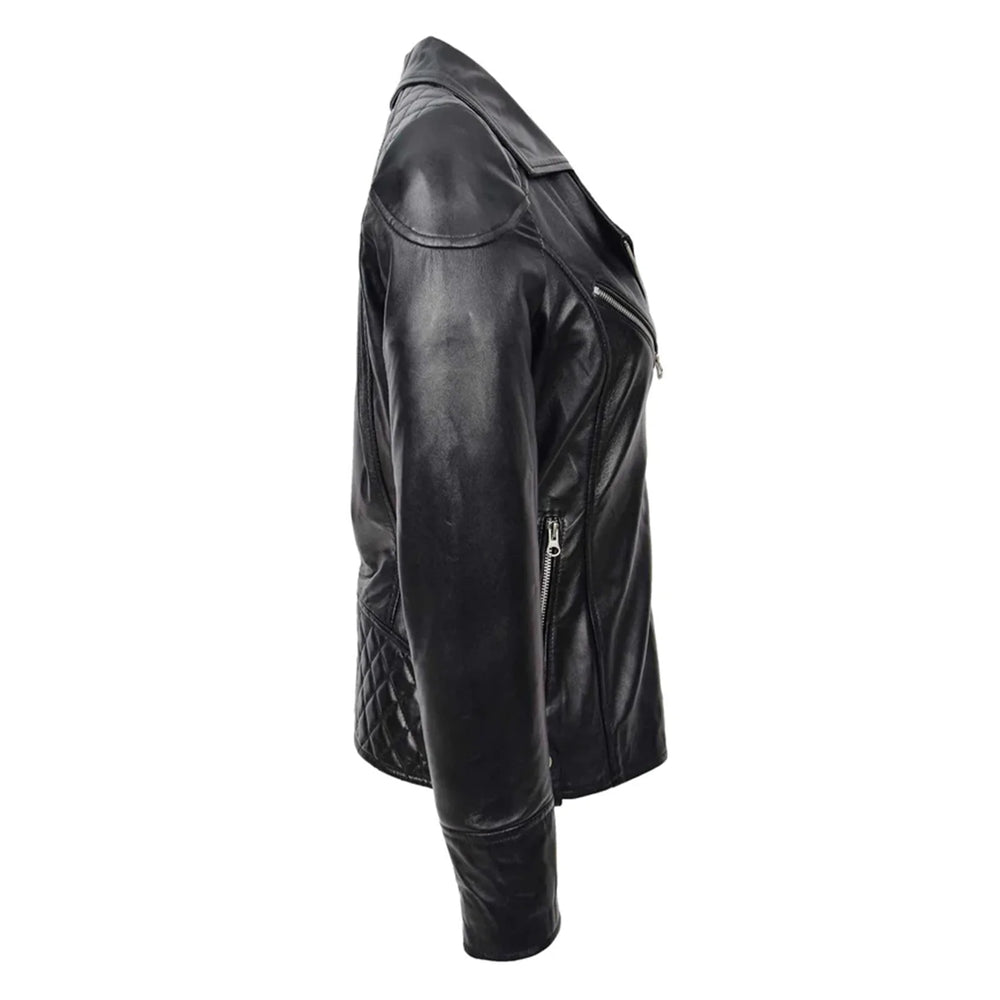 Women’s Black Nappa Leather Biker Jacket – Cross Zip Quilted Moto Jacket image 1