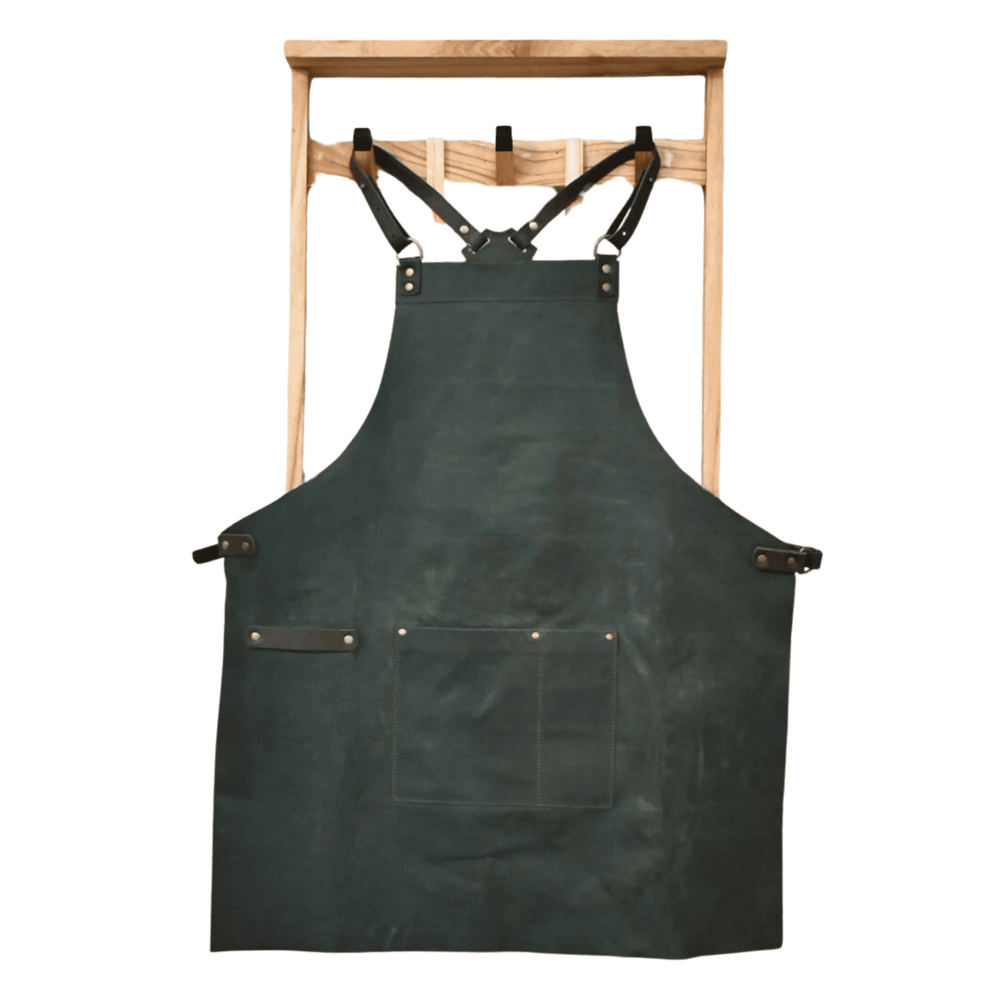Handmade Vegetable-Tanned Leather Crossback Apron for Chef &amp; BBQ - Green image