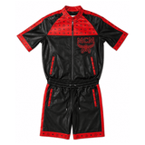 MCM-Inspired Black Red Leather Jacket and Shorts Set image 0