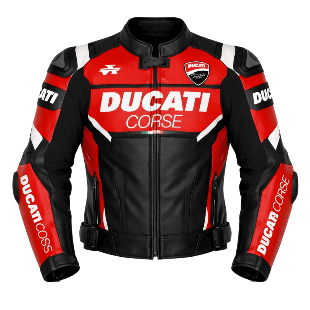 Ducati Corse-Style Black Red Leather Motorcycle Jacket – CE Armor image 0