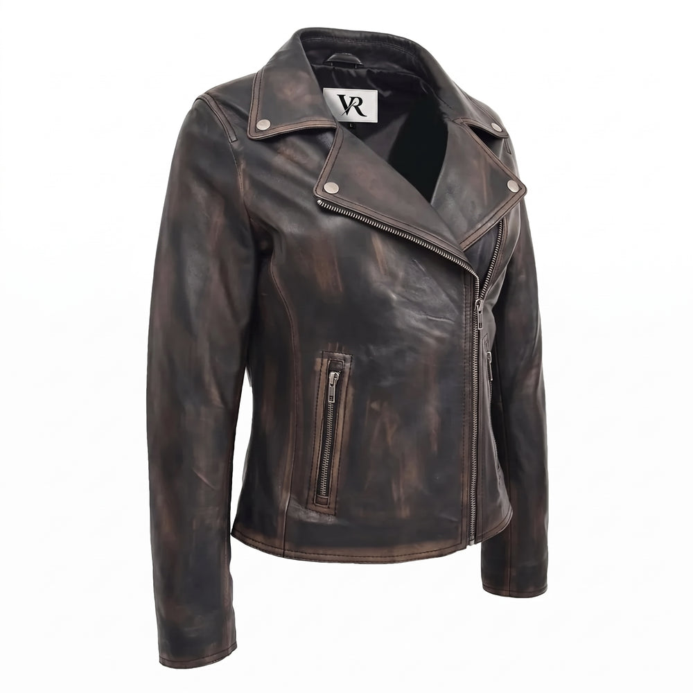 Women’s Vintage Black Nappa Leather Biker Jacket – Cross Zip Moto Jacket image 2