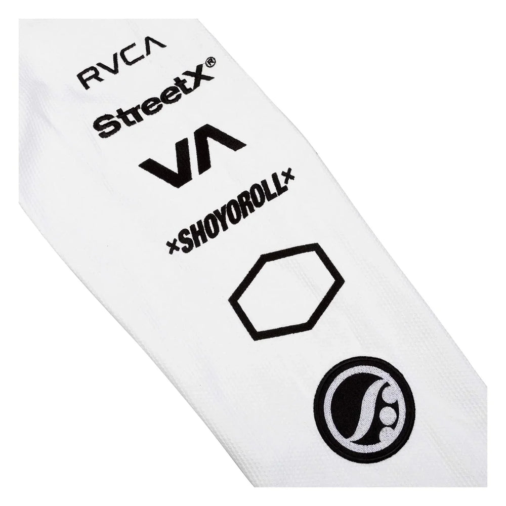 White strap with black logos and text on a white background