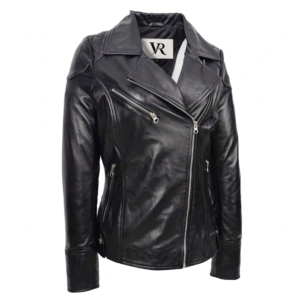 Women’s Black Nappa Leather Biker Jacket – Cross Zip Quilted Moto Jacket image 2
