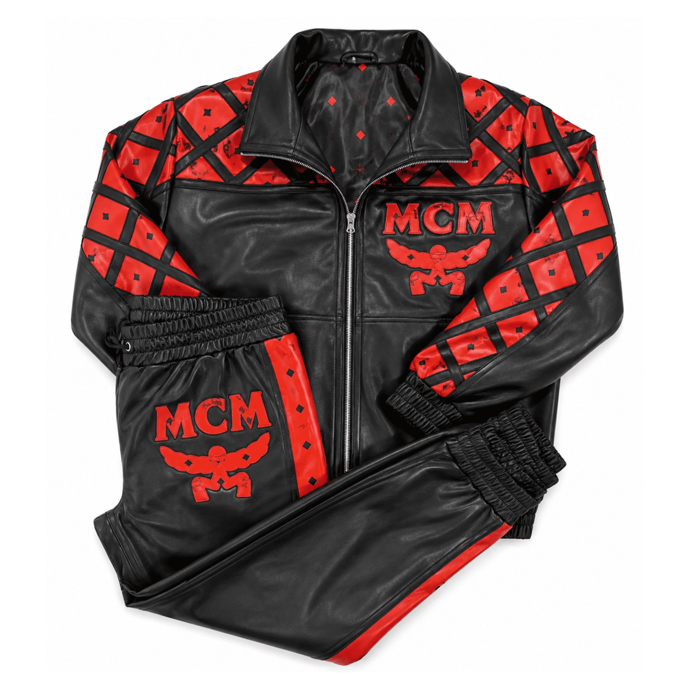 MCM-Inspired Black Red Leather Jacket and Pants Set with Hat image 2