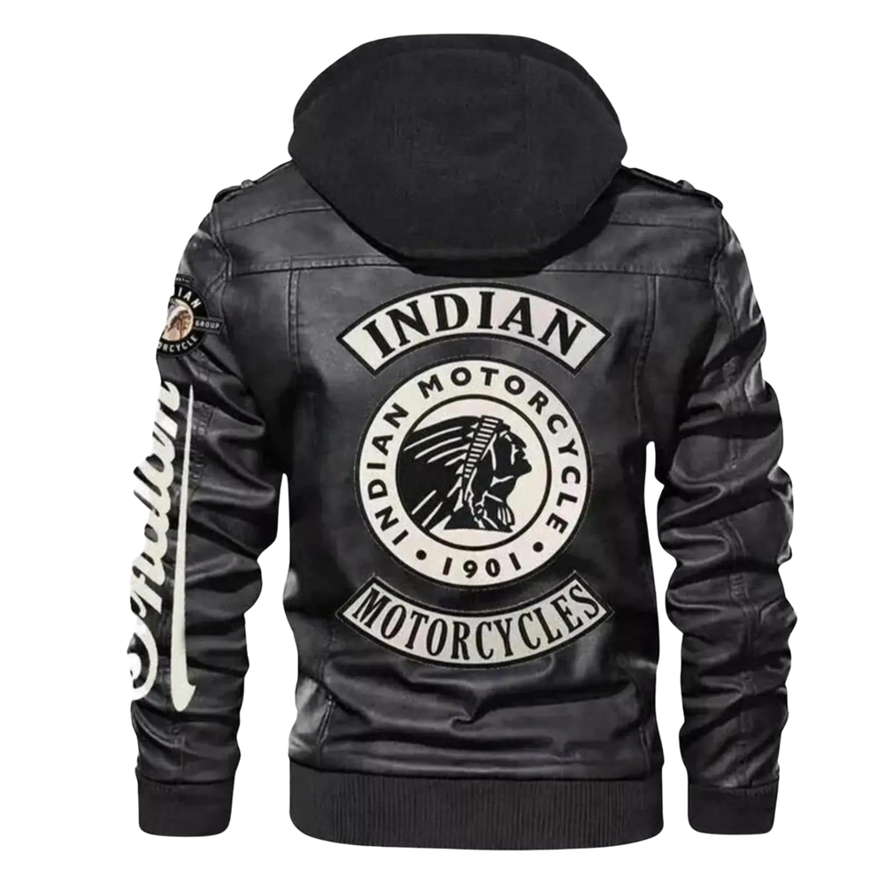 Indian Motorcycle Black Hooded Leather Biker Jacket image 2