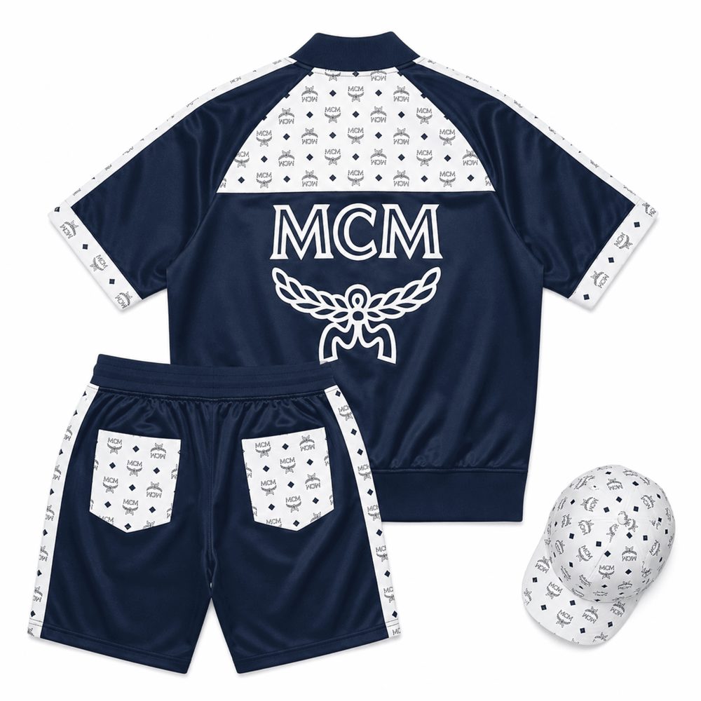 MCM-Style Blue White Leather T-Shirt and Shorts Set with Hat image 1