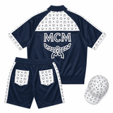 MCM-Style Blue White Leather T-Shirt and Shorts Set with Hat image 1