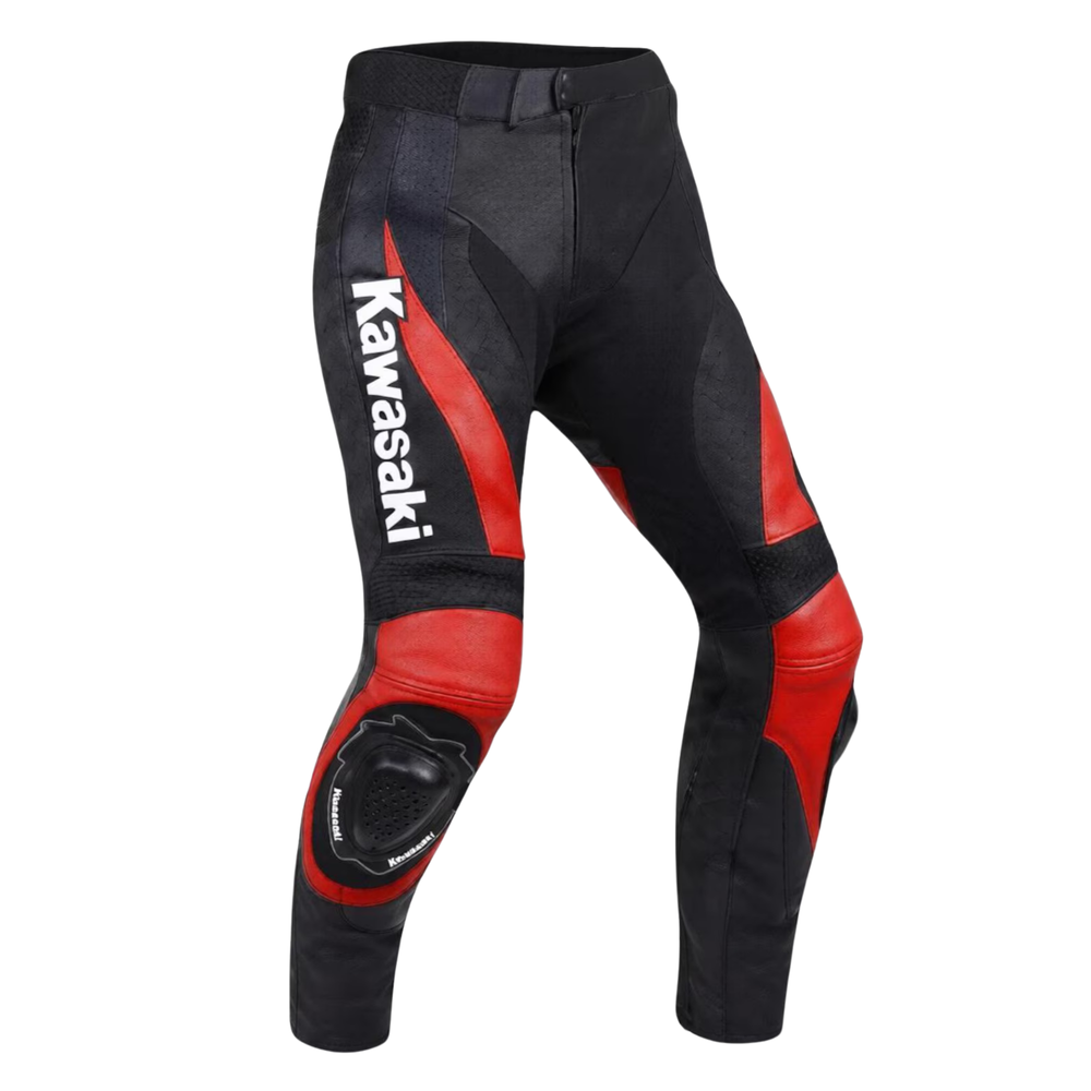 Kawasaki Men’s Red Black Leather Motorcycle Racing Pants image 0
