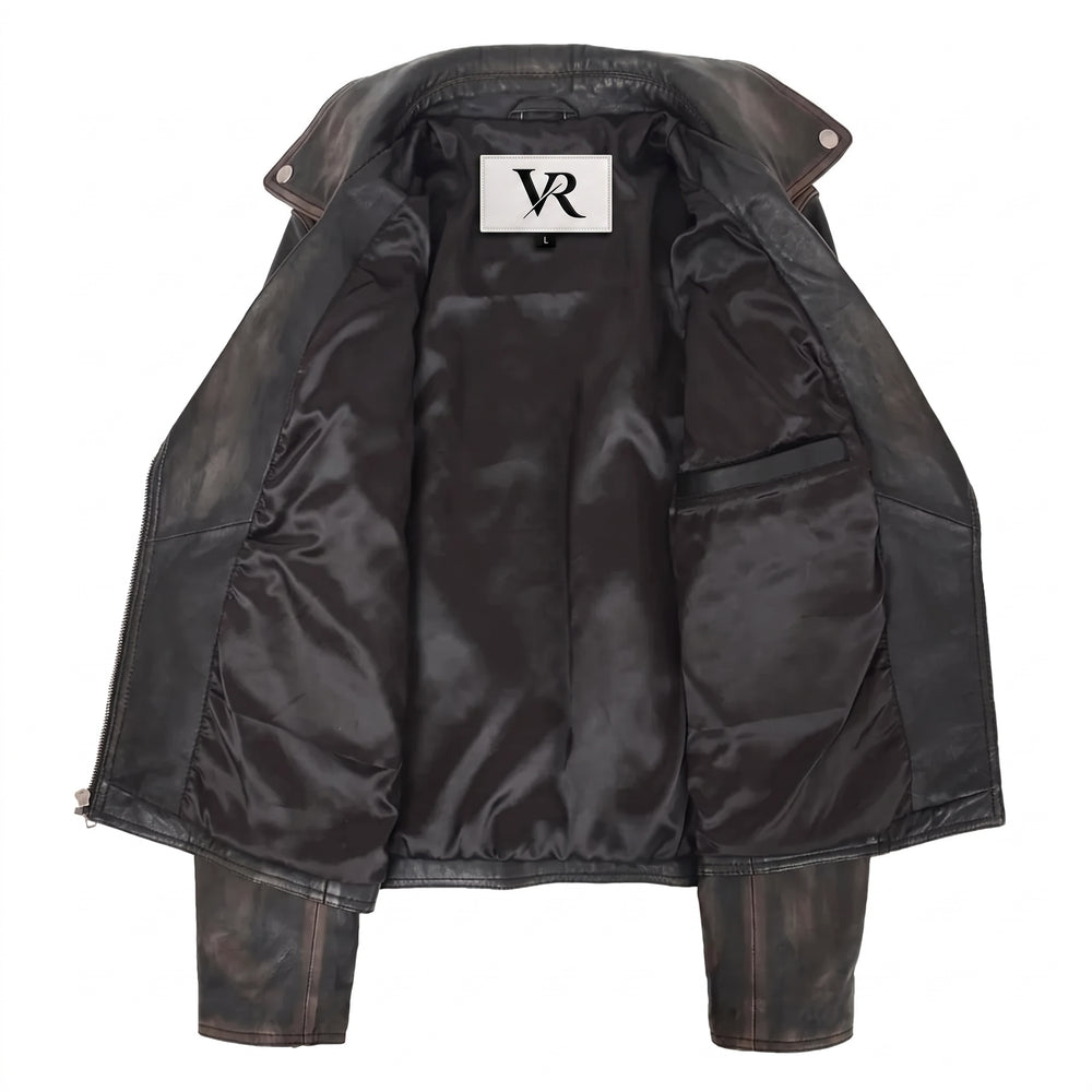 Women’s Vintage Black Nappa Leather Biker Jacket – Cross Zip Moto Jacket image 5