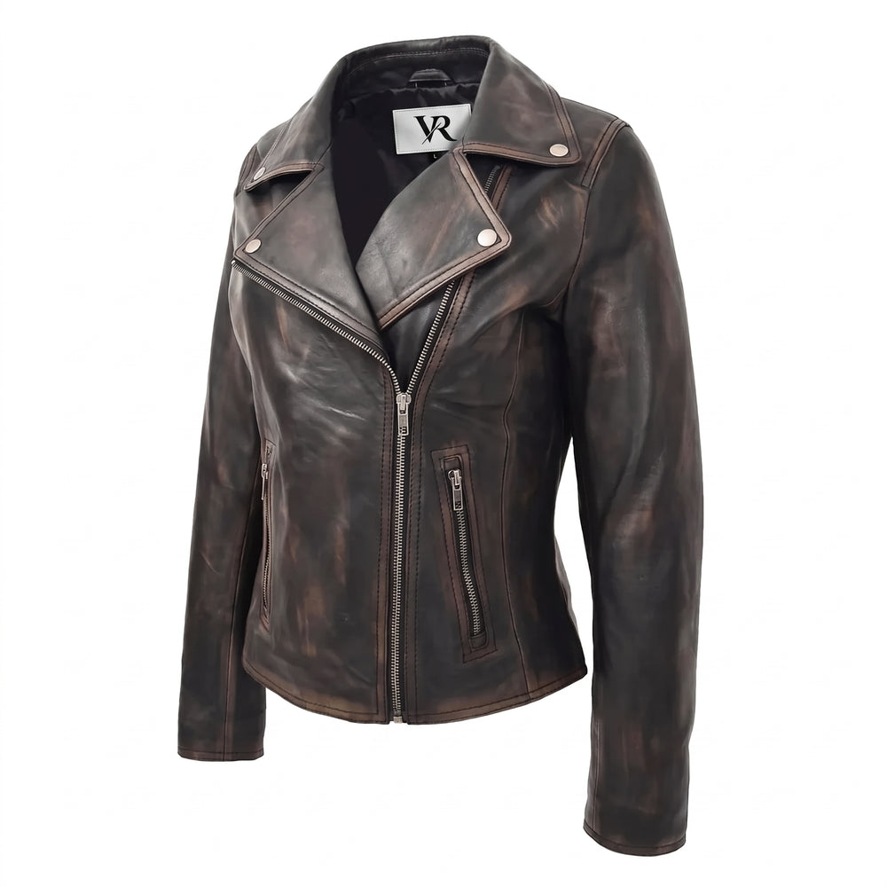Women’s Vintage Black Nappa Leather Biker Jacket – Cross Zip Moto Jacket image 3