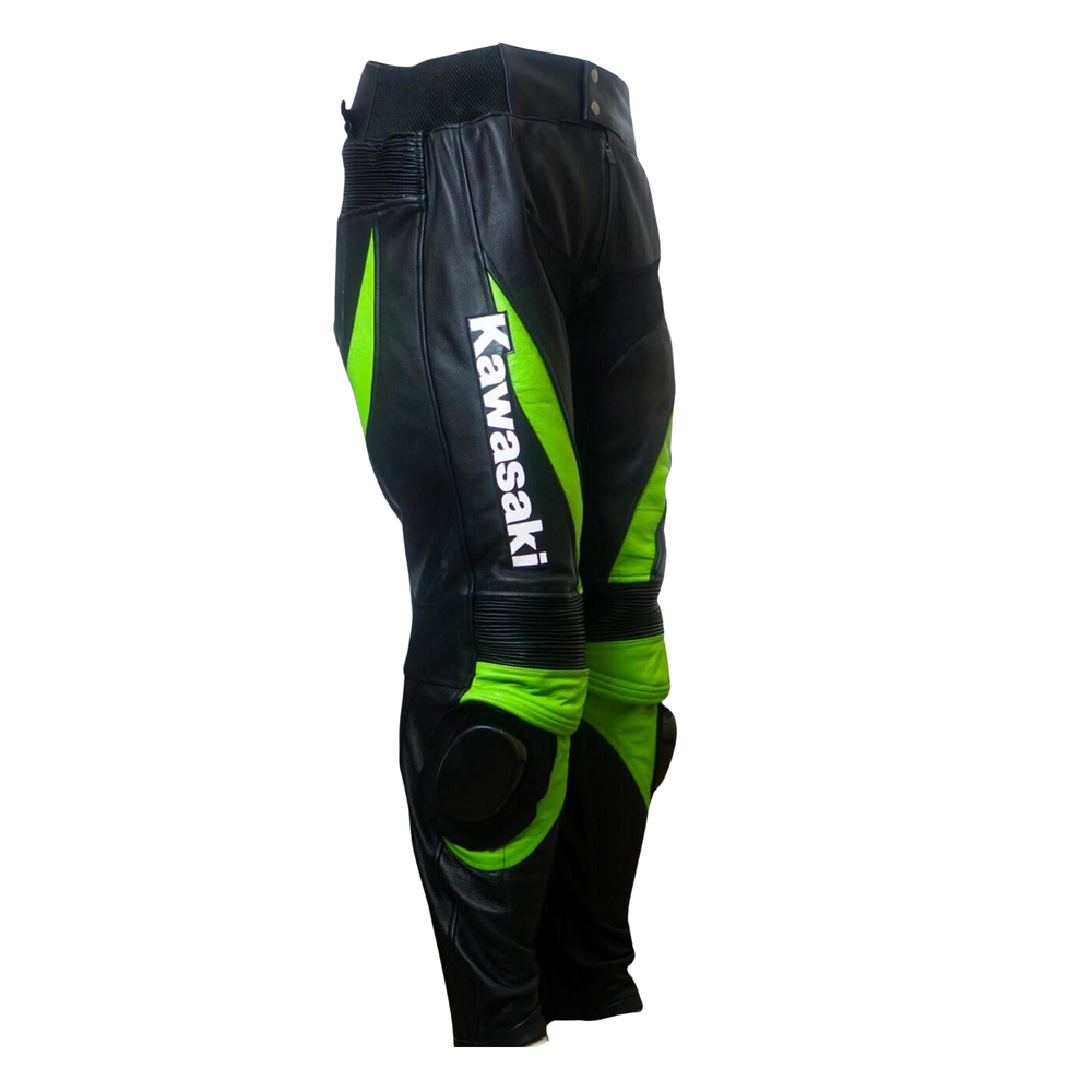 Kawasaki Men’s Black Lime Green Leather Motorcycle Pants image 3