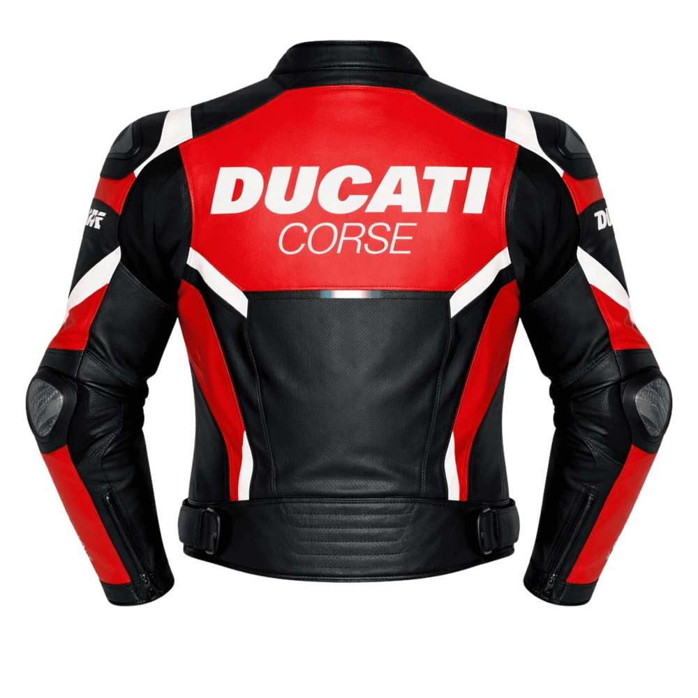 Ducati Corse-Style Black Red Leather Motorcycle Jacket – CE Armor image 1