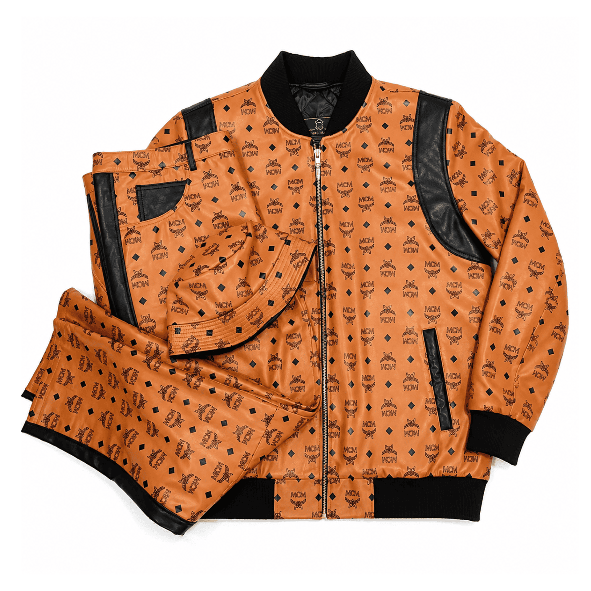 MCM Inspired Real Leather Tracksuit Black Cognac Signature Outfit with Leather Hat 1 MCM Inspired Real Leather Tracksuit Black Cognac Signature Outfit with Leather Hat - image 1