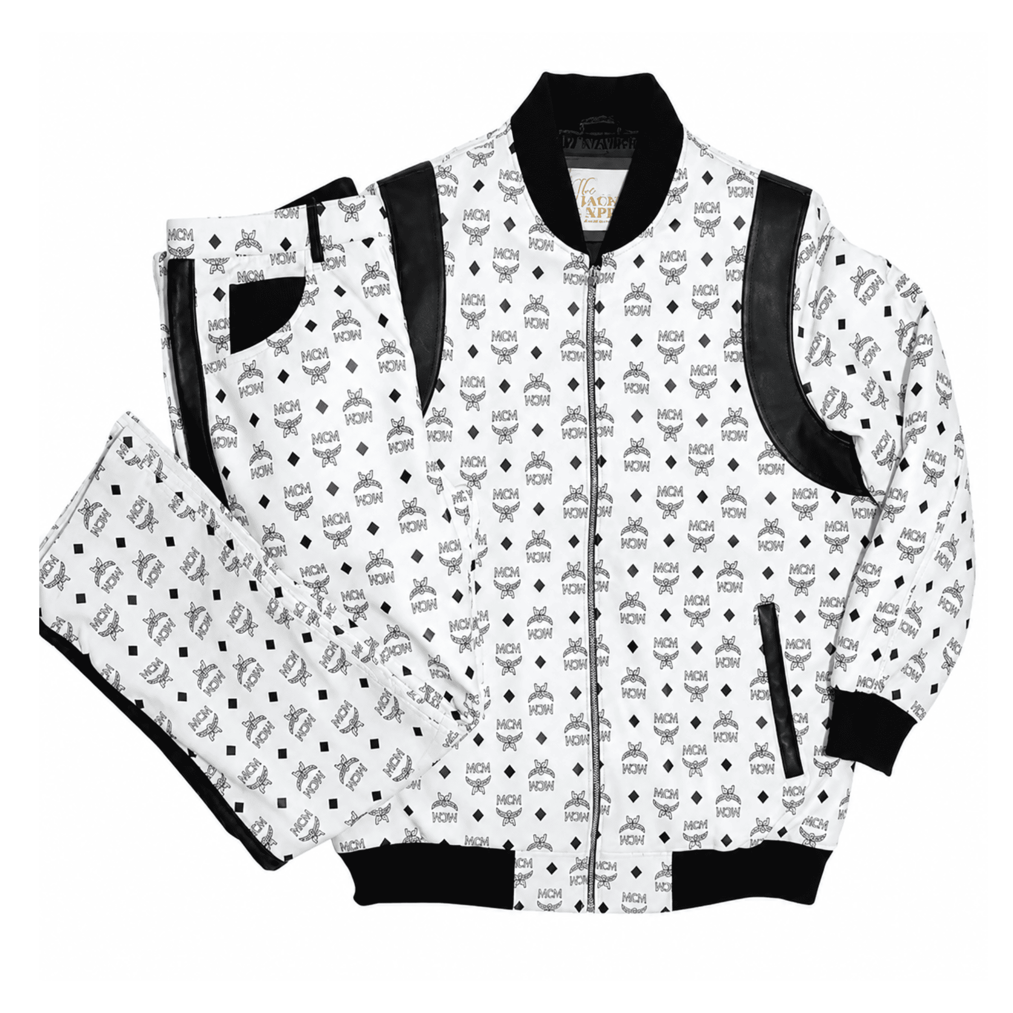 MCM Inspired Real Leather Tracksuit Black White Signature Outfit with Leather Hat - image 1
